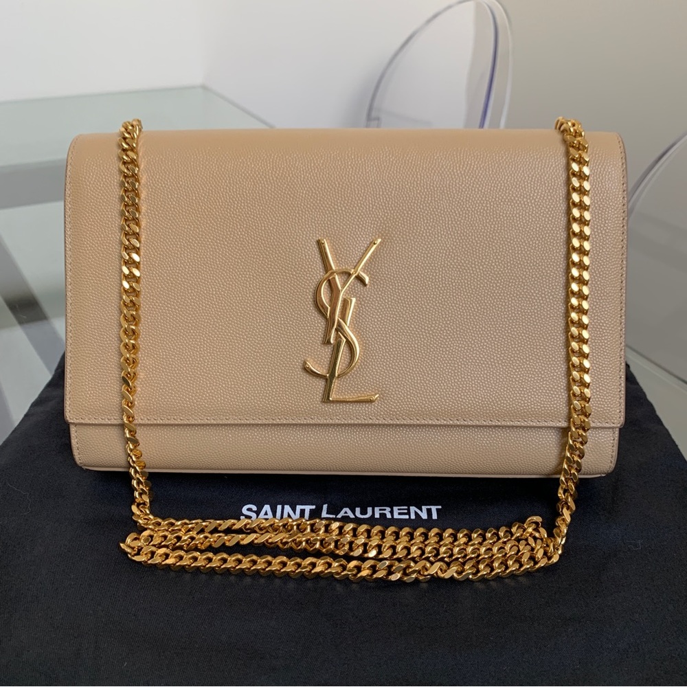 Authentic Saint Laurent Medium Monogram Kate in Powder/Dark Beige